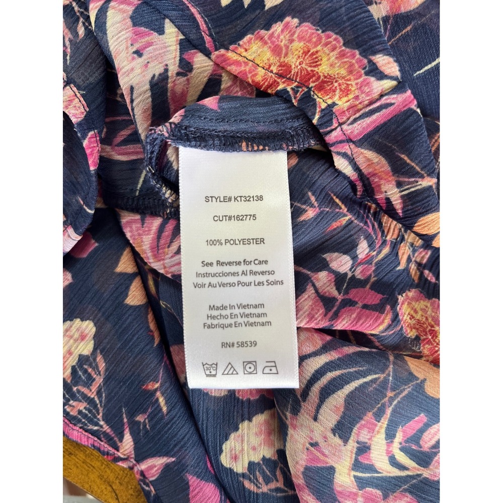 Kut from the Kloth Blouse Women‎ XL Navy Floral Sheer Roll Tab Sleeve V Neck - Picture 7 of 9